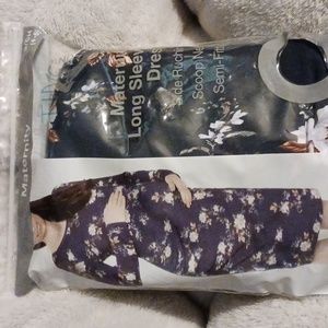 TIME AND TRU NAVY BLUE FLORAL LONG SLEEVE MATERNITY DRESS